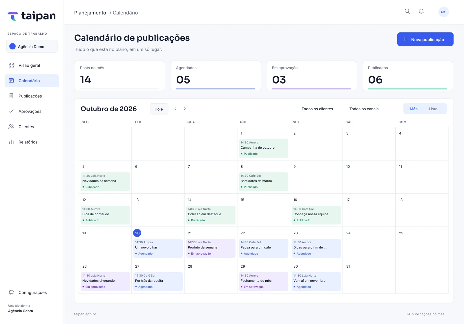 Calendário de publicações da Taipan com posts agendados, em aprovação e publicados